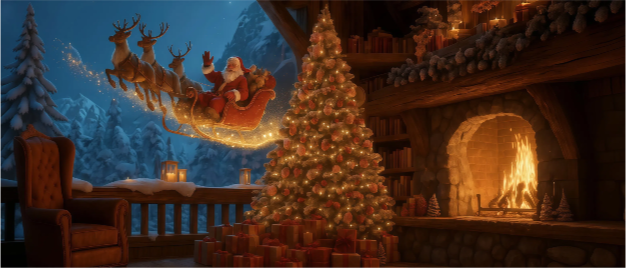 Paisaje navideño desde una cabaña con un árbol de navidad y Papá Noel