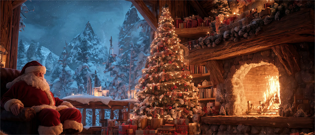 Paisaje navideño desde una cabaña con un árbol de navidad y Papá Noel